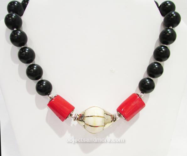 Tibetan Silver-capped Bead, Red Coral and Black Onyx Necklace by DIANA KAHLENBERG